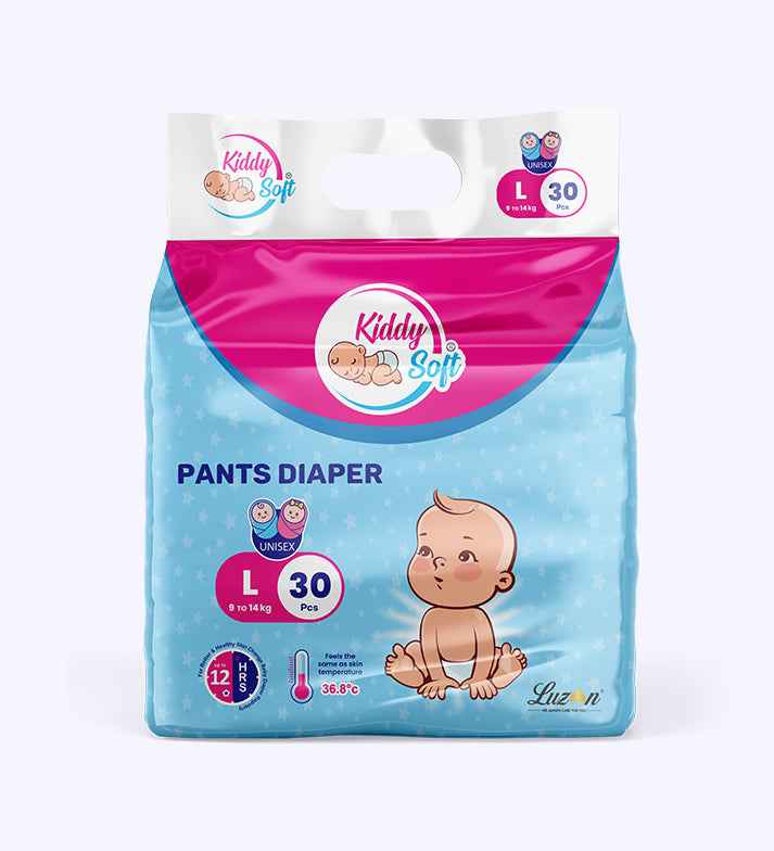 KiddySoft Baby Diaper Pants – Super Absorbent Crisscross Top Layer ( L, 9–14 KG, 30 Pieces )