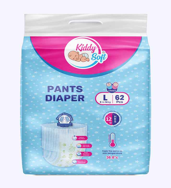 KiddySoft Baby Diaper Pants | Super Absorbent- Crisscross Top Layer | 9-14 KG | Pack of 1 - L  (62 Pieces)