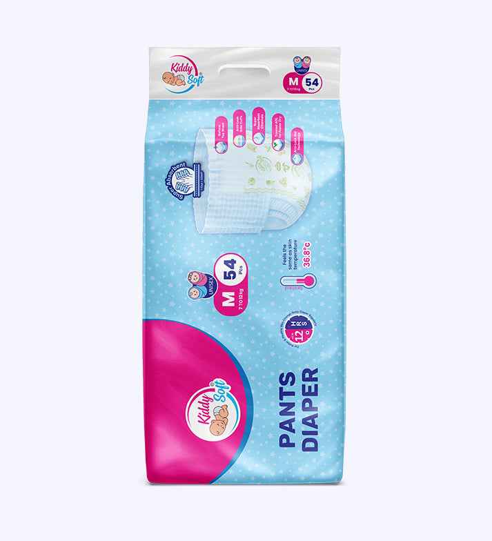 KiddySoft Baby Diaper Pants | Ultra Soft Cottony Feel | 7-12 KG | Pack of 1 - M (54 Pieces)