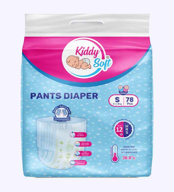 KiddySoft Baby Diaper Pants | Ultra-Soft Comfort – Gentle Crisscross Fit | 4–8 KG | Pack of 1 – S (78 Pieces)
