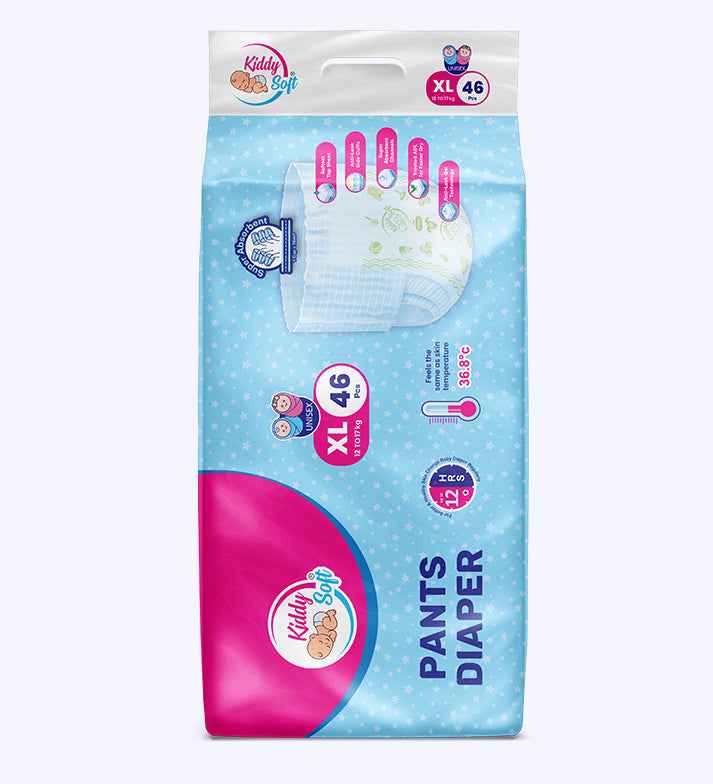 KiddySoft Baby Diaper Pants – Quick-Absorb Crisscross Dry Layer (XL, 12–17 KG, 46 Pieces)