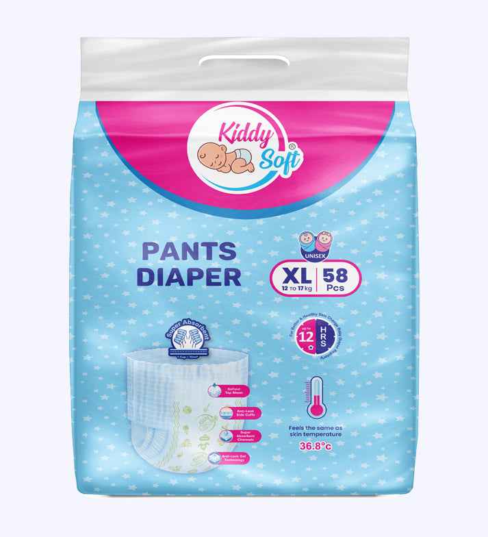 KiddySoft Baby Diaper Pants | Quick-Absorb Technology – Crisscross Dry Layer | 12–17 KG | Pack of 1 – XL (58 Pieces)